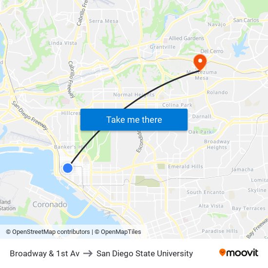 Broadway & 1st Av to San Diego State University map