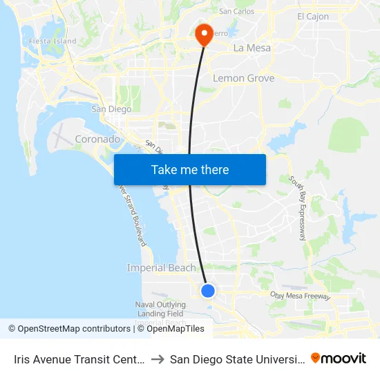 Iris Avenue Transit Center to San Diego State University map