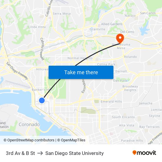 3rd Av & B St to San Diego State University map