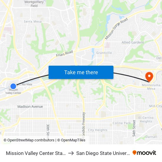 Mission Valley Center Station to San Diego State University map