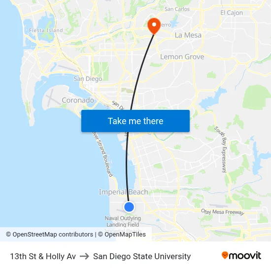 13th St & Holly Av to San Diego State University map