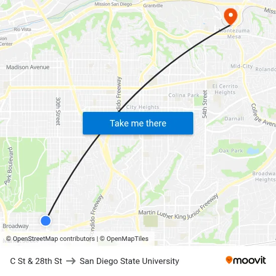 C St & 28th St to San Diego State University map