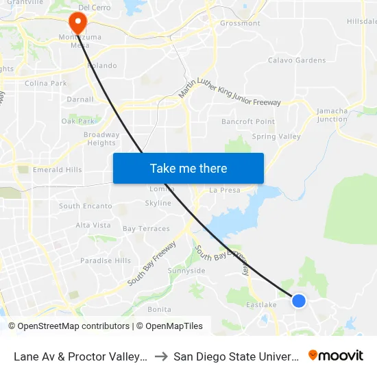 Lane Av & Proctor Valley Rd to San Diego State University map