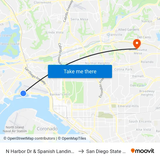 N Harbor Dr & Spanish Landing (Terminal 2) to San Diego State University map