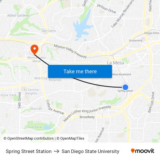 Spring Street Station to San Diego State University map