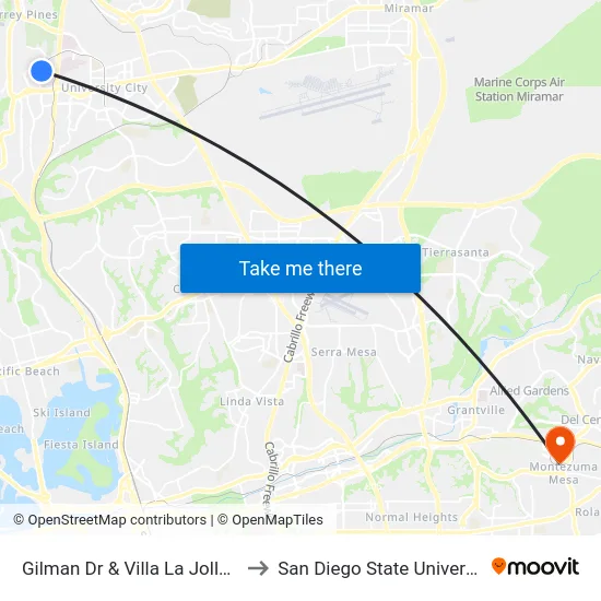 Gilman Dr & Villa La Jolla Dr to San Diego State University map