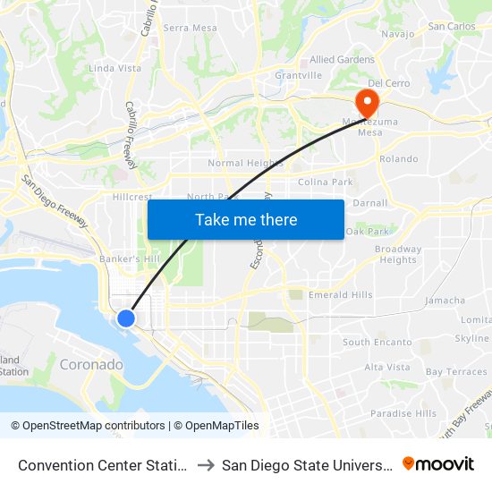 Convention Center Station to San Diego State University map