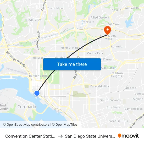 Convention Center Station to San Diego State University map