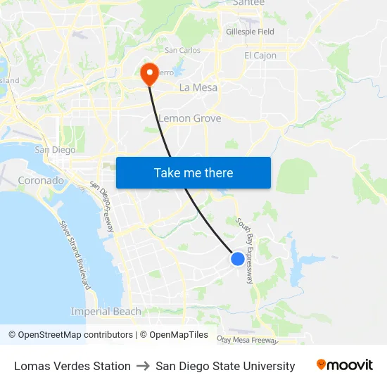 Lomas Verdes Station to San Diego State University map