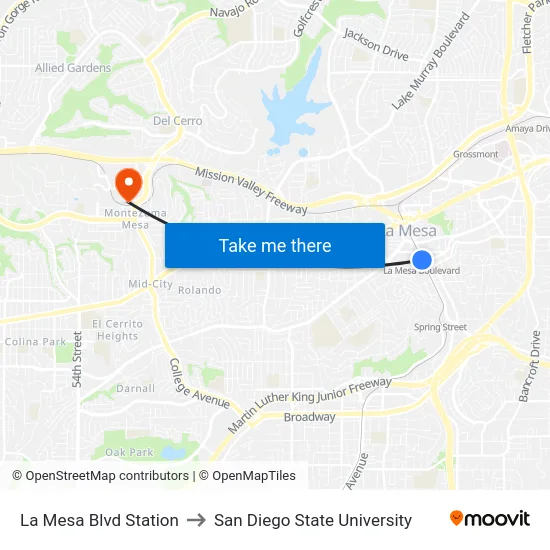 La Mesa Blvd Station to San Diego State University map