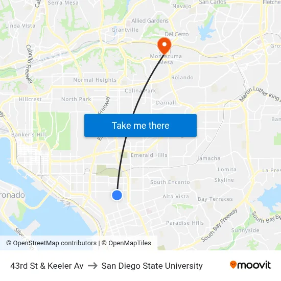 43rd St & Keeler Av to San Diego State University map