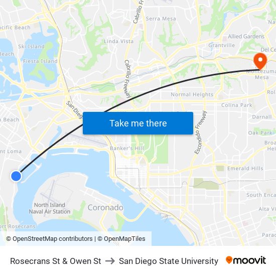 Rosecrans St & Owen St to San Diego State University map