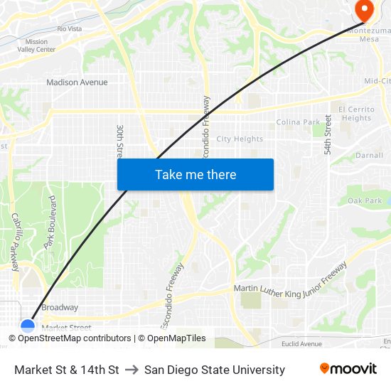 Market St & 14th St to San Diego State University map