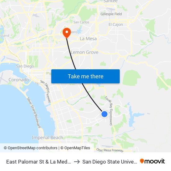 East Palomar St & La Media Rd to San Diego State University map