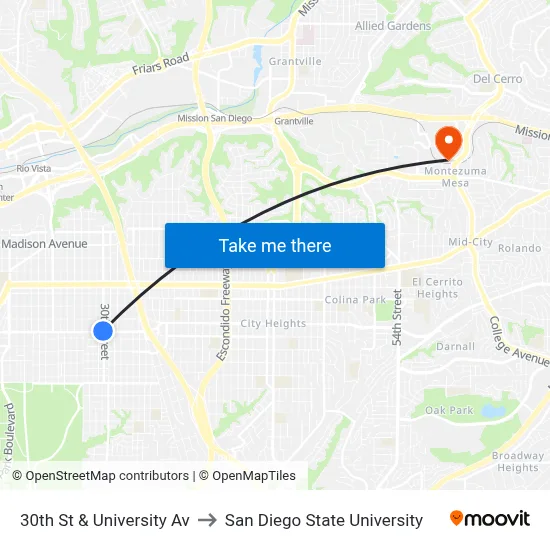 30th St & University Av to San Diego State University map