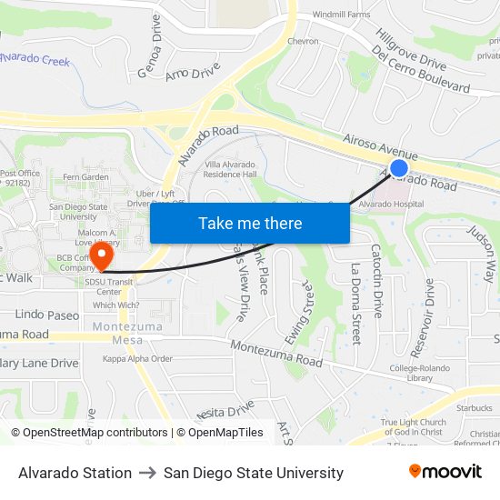 Alvarado Station to San Diego State University map