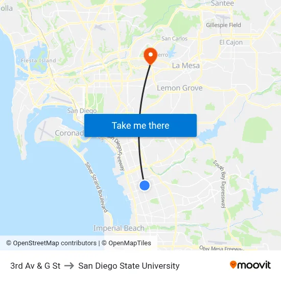 3rd Av & G St to San Diego State University map