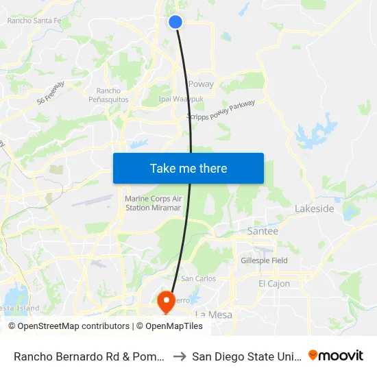 Rancho Bernardo Rd & Pomerado Rd to San Diego State University map