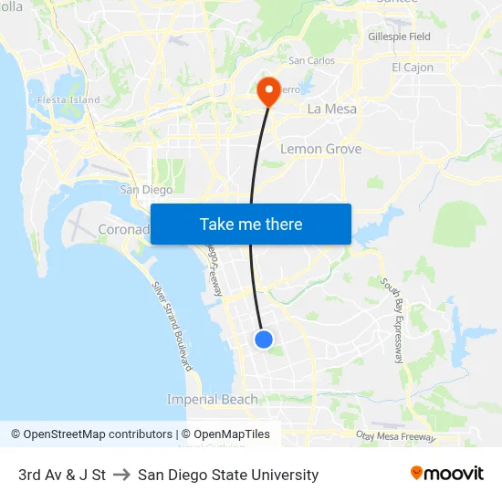 3rd Av & J St to San Diego State University map