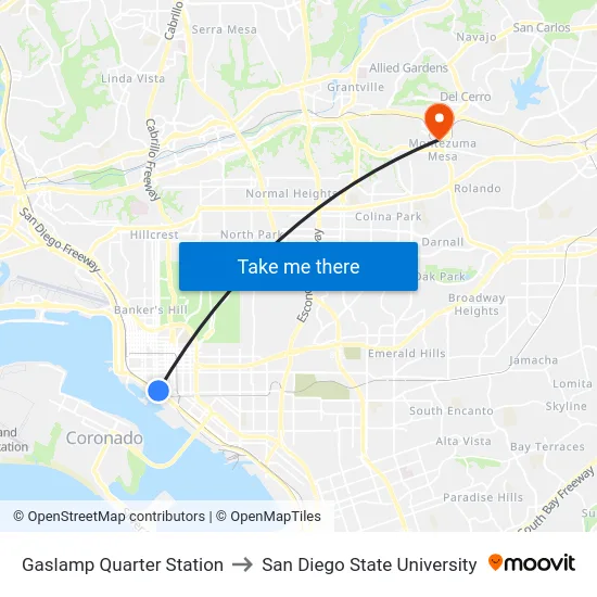 Gaslamp Quarter Station to San Diego State University map