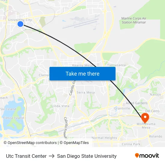 Utc Transit Center to San Diego State University map