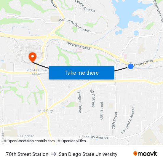 70th Street Station to San Diego State University map