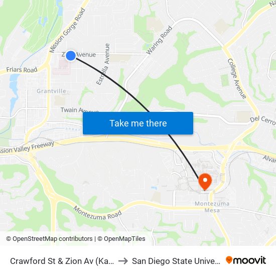 Crawford St & Zion Av (Kaiser) to San Diego State University map