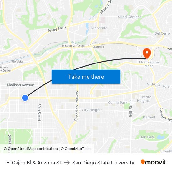 El Cajon Bl & Arizona St to San Diego State University map