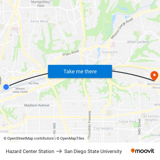 Hazard Center Station to San Diego State University map