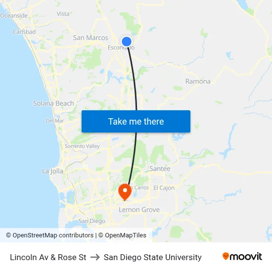 Lincoln Av & Rose St to San Diego State University map