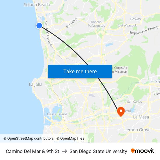 Camino Del Mar & 9th St to San Diego State University map