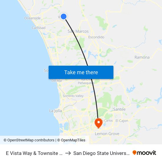 E Vista Way & Townsite Dr to San Diego State University map