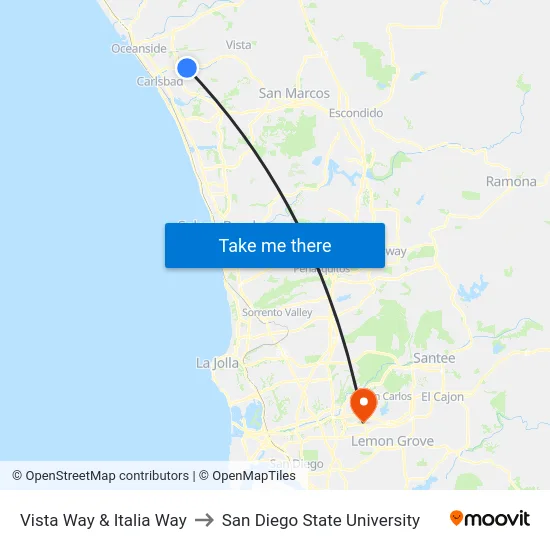 Vista Way & Italia Way to San Diego State University map