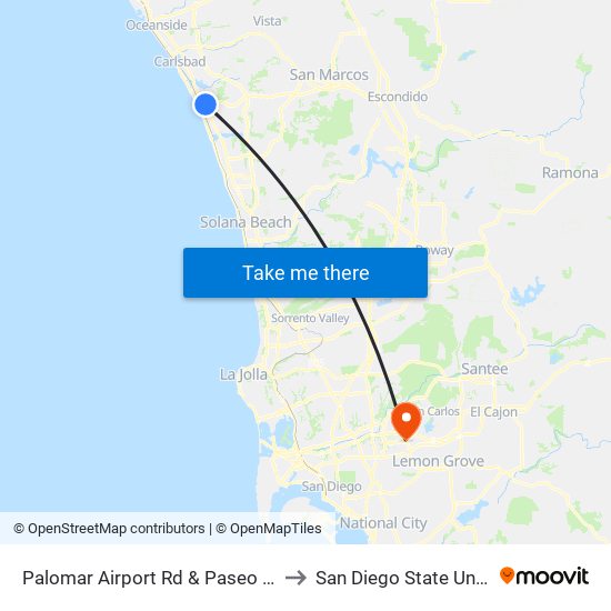 Palomar Airport Rd & Paseo Del Norte to San Diego State University map