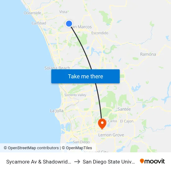 Sycamore Av & Shadowridge Dr to San Diego State University map