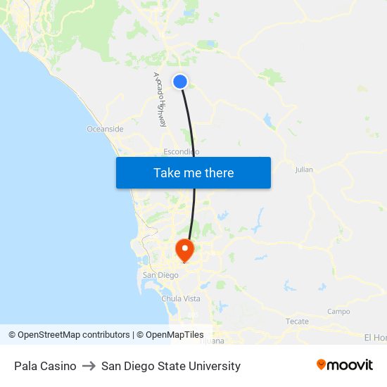 Pala Casino to San Diego State University map