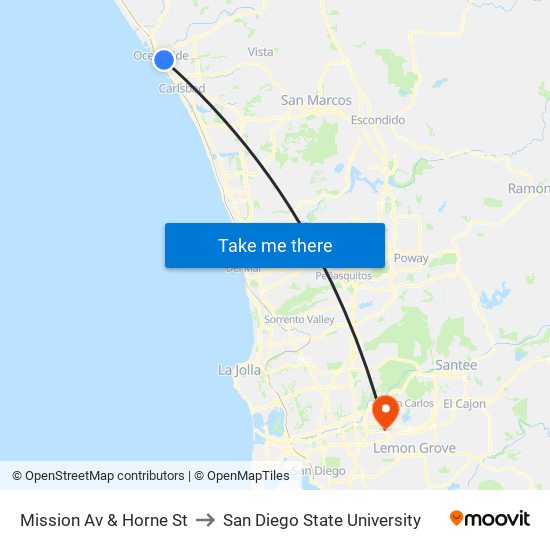 Mission Av & Horne St to San Diego State University map