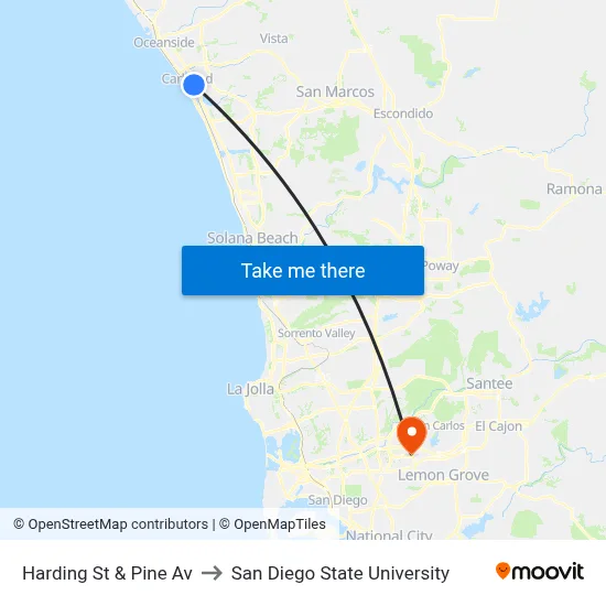 Harding St & Pine Av to San Diego State University map