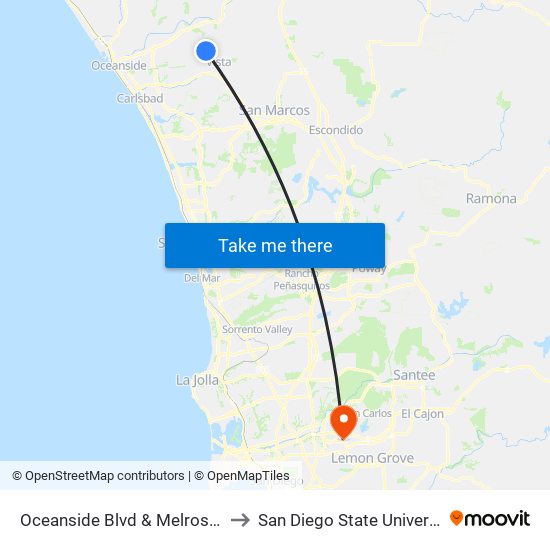 Oceanside Blvd & Melrose Dr to San Diego State University map