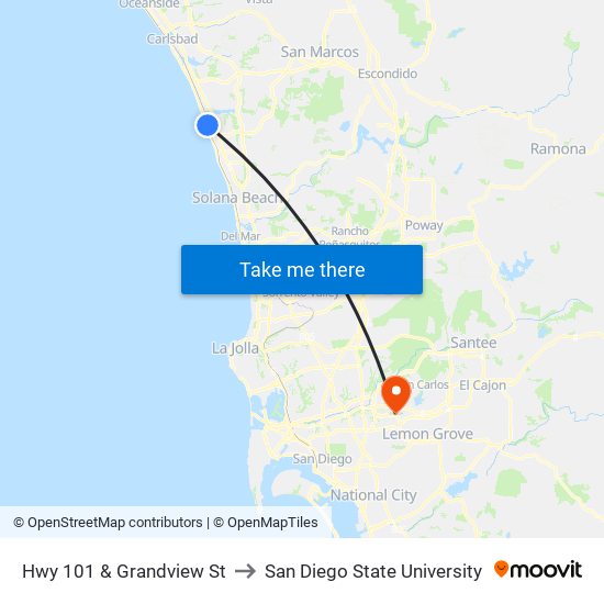 Hwy 101 & Grandview St to San Diego State University map