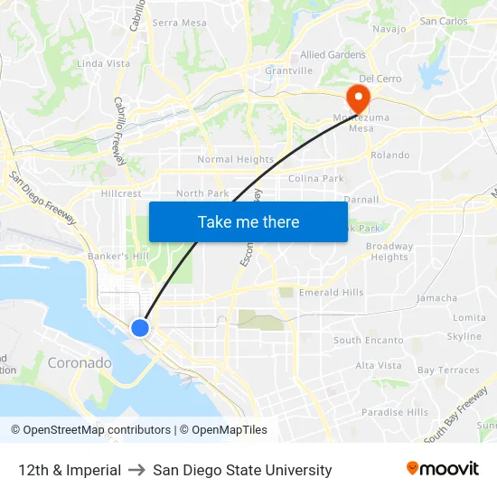 12th & Imperial to San Diego State University map