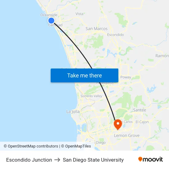Escondido Junction to San Diego State University map