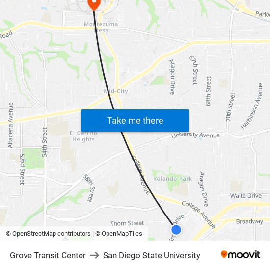 Grove Transit Center to San Diego State University map