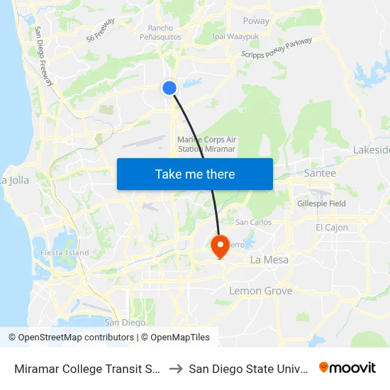Miramar College Transit Station to San Diego State University map