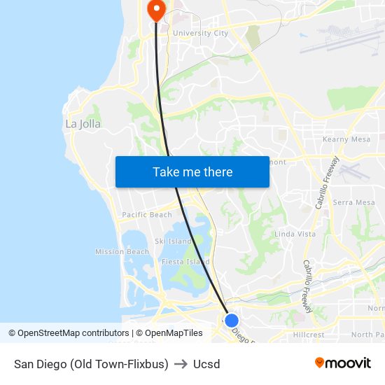 San Diego (Old Town-Flixbus) to Ucsd map