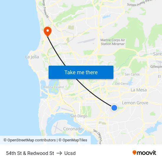54th St & Redwood St to Ucsd map