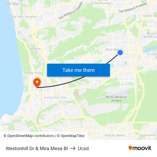 Westonhill Dr & Mira Mesa Bl to Ucsd map