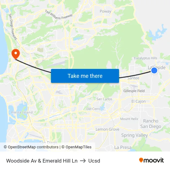 Woodside Av & Emerald Hill Ln to Ucsd map