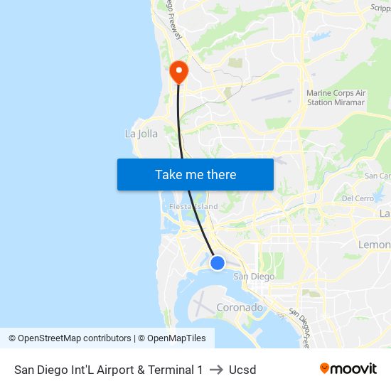 San Diego Int'L Airport & Terminal 1 to Ucsd map