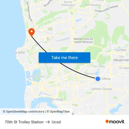 70th St Trolley Station to Ucsd map